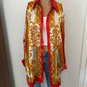 Vintage Massardi Gold Label M Red Silk Blouse Shirt Button Down Print 90s